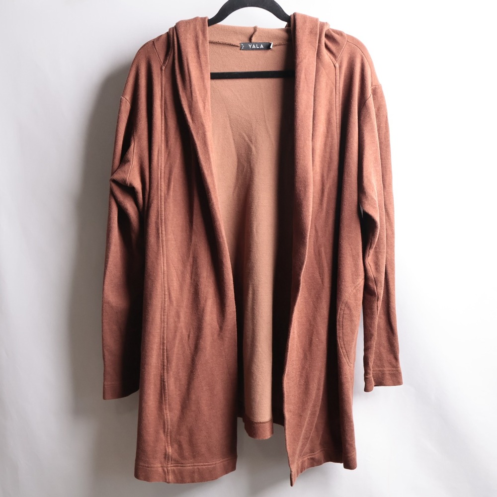 YALA Organic Cotton Bamboo Viscose Open Front Hooded Cardigan Brown S/M Earthy